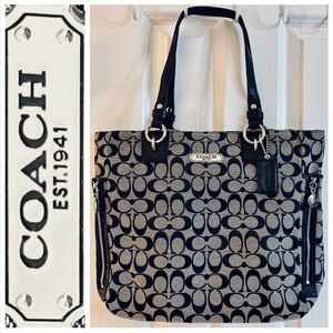 Coach F19388 Gallery Signature NS Zip Tote handbag monogram canvas black cream